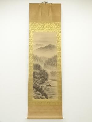 夜舟筆　水墨山水　肉筆絹本掛軸（共箱）